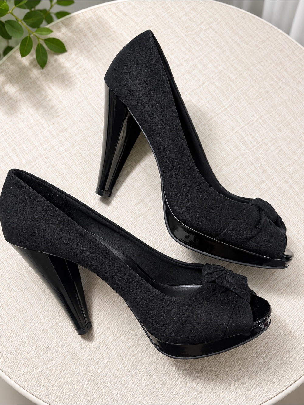 FIONI Black Knotted Peep-Toe Platform Heels